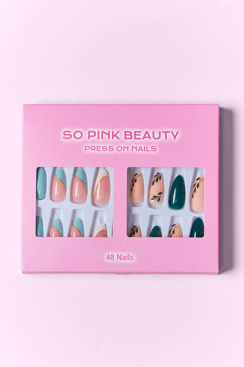 Trendsi SO Pink Beauty Press On Nails in marbled pink design, two packs of short, easy-to-apply artificial nail sets.