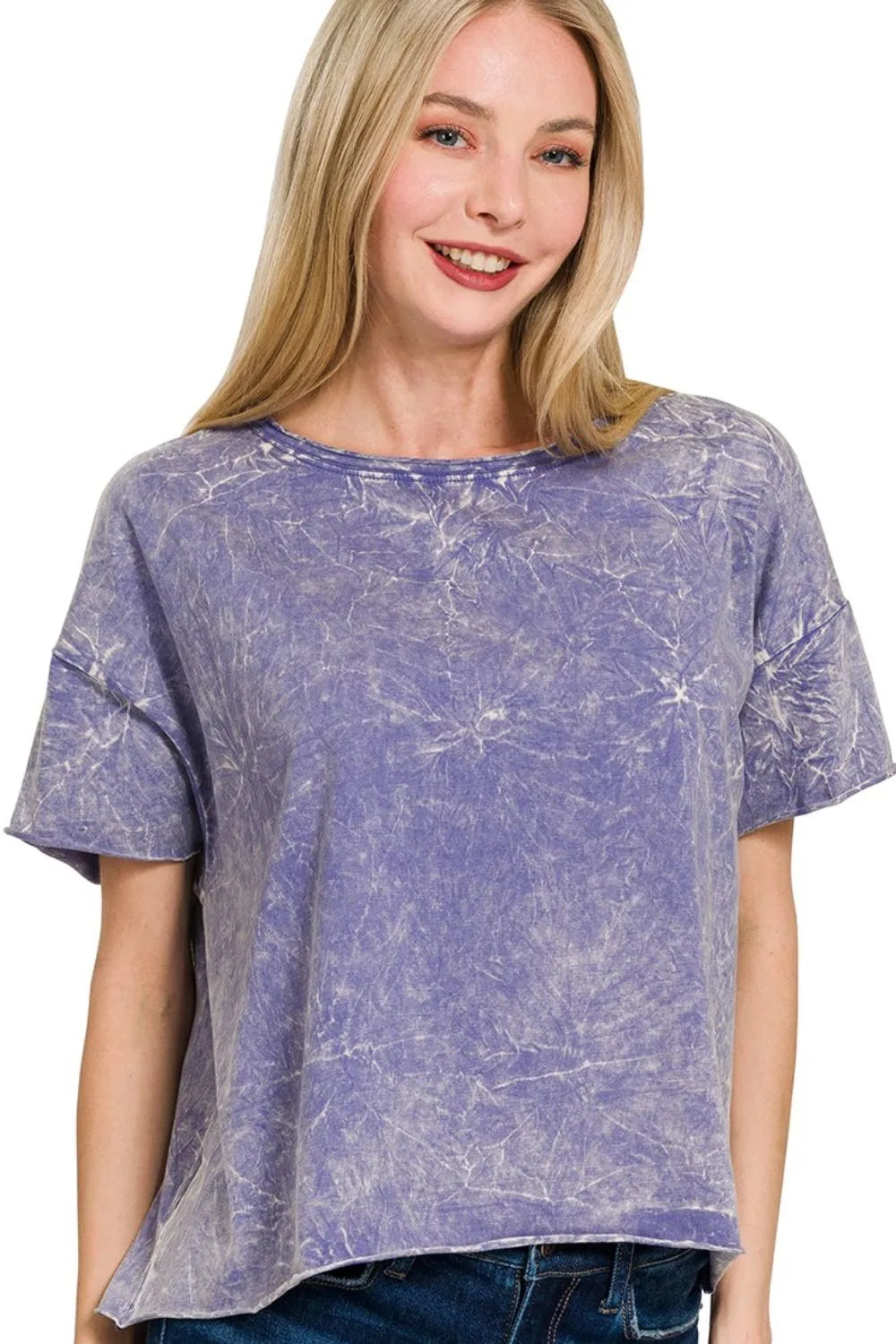 Zenana washed crew neck short sleeve crop box tee by Trendsi, casual cotton top with a relaxed fit and cropped style.