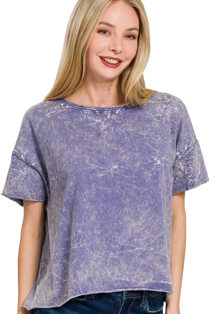 Zenana washed crew neck short sleeve crop box tee by Trendsi, casual cotton top with a relaxed fit and cropped style.
