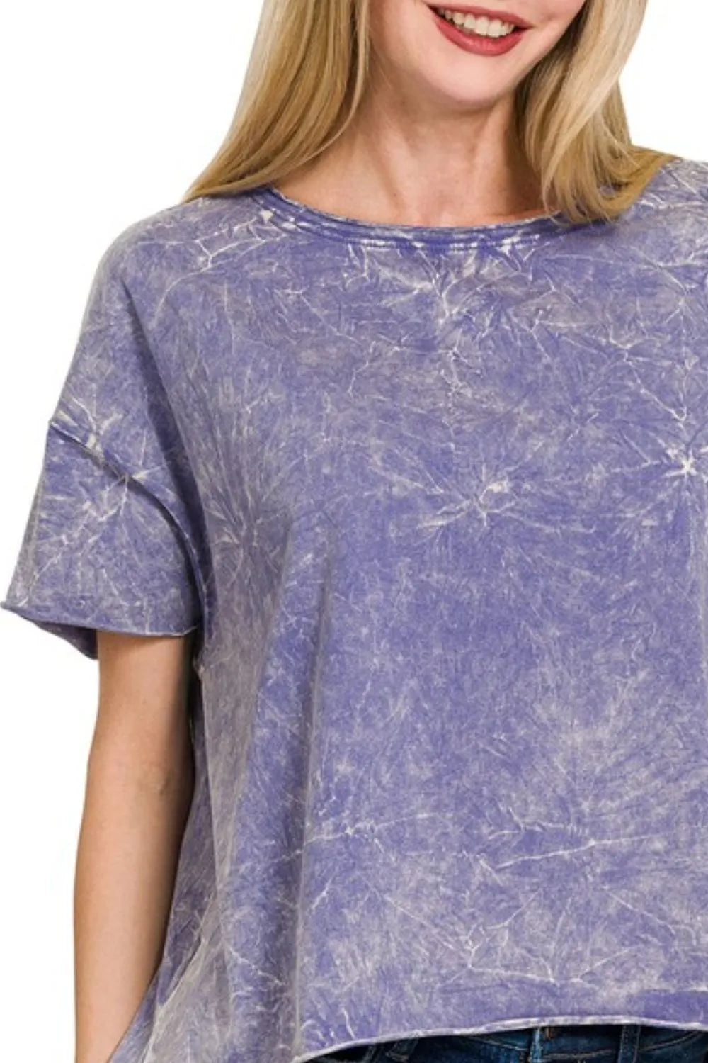 Light blue Zenana cropped box tee with short sleeves and crew neck, featuring a washed finish, styled casually.