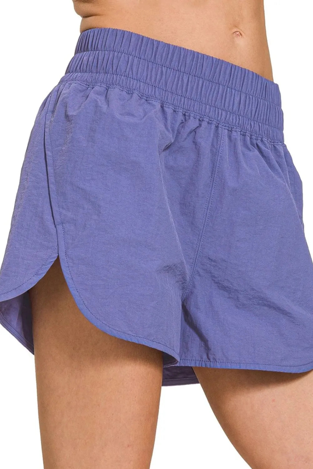 Zenana windbreaker running shorts with smocked waistband and lightweight fabric, ideal for active wear.