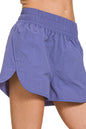 Zenana windbreaker running shorts with smocked waistband and lightweight fabric, ideal for active wear.