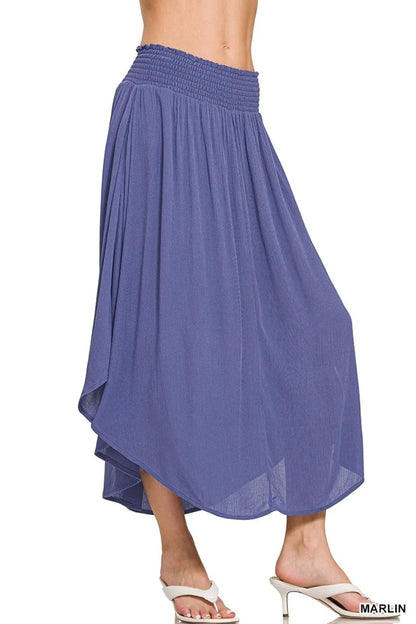 Zenana woven crinkle maxi skirt with smocked waist and side pockets, stylish and comfortable women's skirt by Trendsi