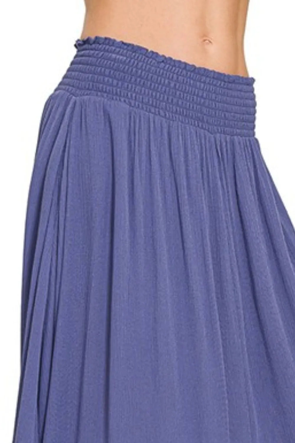 Zenana woven crinkle maxi skirt with smocked waist and pockets, stylish and comfortable for casual wear.