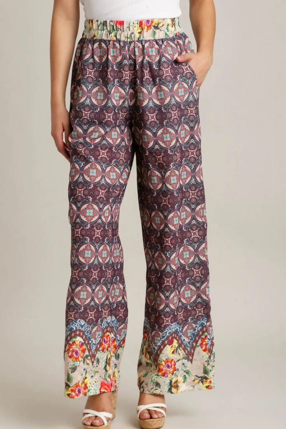 Plus size Umgee mixed print elastic waistband pants in maroon, featuring a full size fit and stylish casual design.