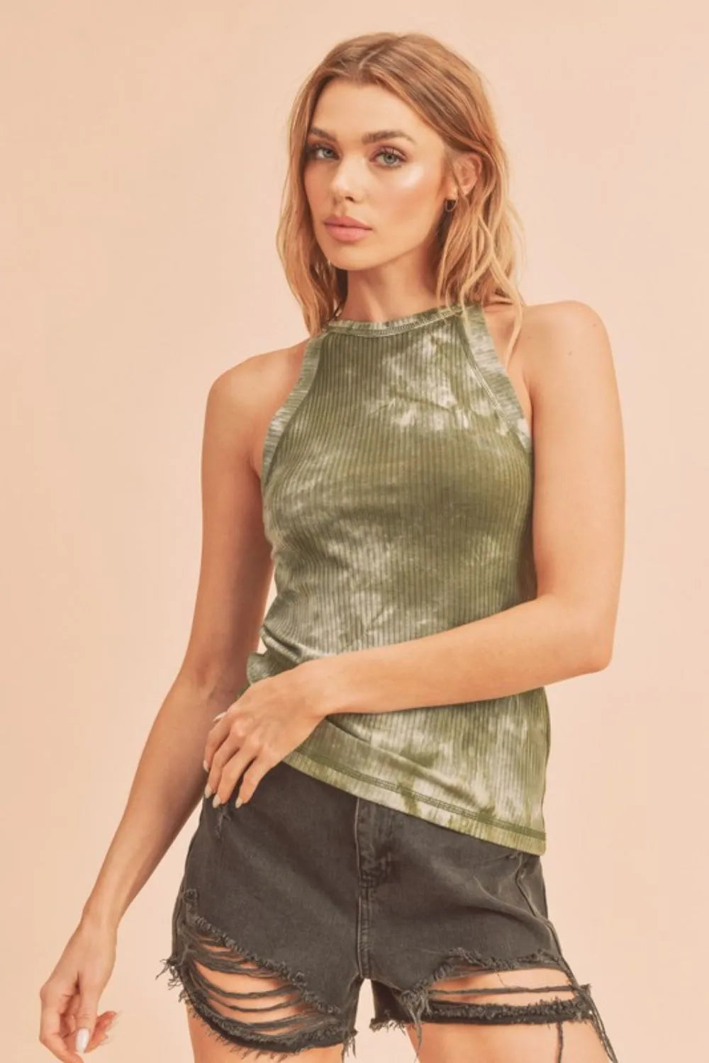 Matcha green ribbed tie-dye round neck tank top from Aemi + Co, featuring a fitted sleeveless design and casual style.