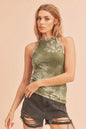 Matcha green ribbed tie-dye round neck tank top from Aemi + Co, featuring a fitted sleeveless design and casual style.