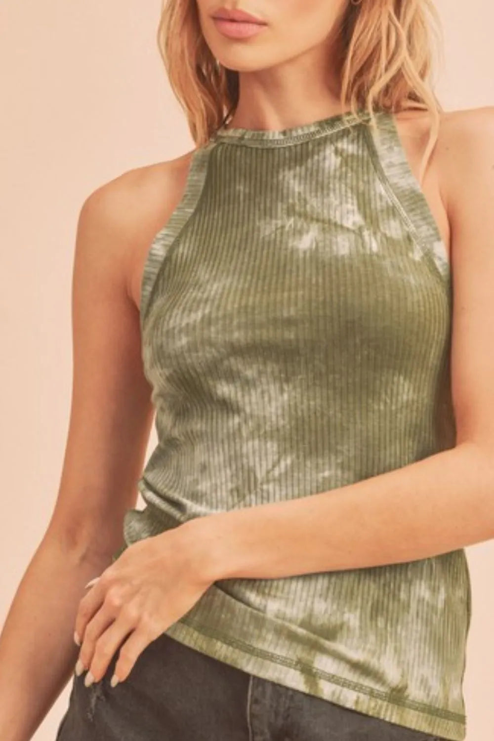 Matcha green Aemi + Co ribbed tie-dye round neck tank top with a fitted, stylish design and soft fabric.