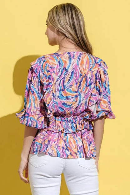 Mauve multi-colored lantern sleeve blouse by Trendsi with printed design, stylish and lightweight for casual or dressy wear.