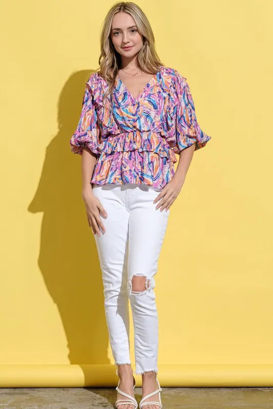 Mauve multi-colored printed lantern sleeve blouse from Trendsi, featuring a flowy fit and stylish design.