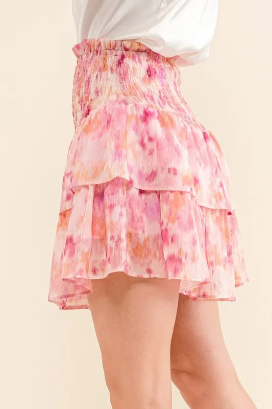 Mauve red printed lurex smocked waist tiered skort by Trendsi, showcasing a flowy, tiered design with subtle shimmer fabric.