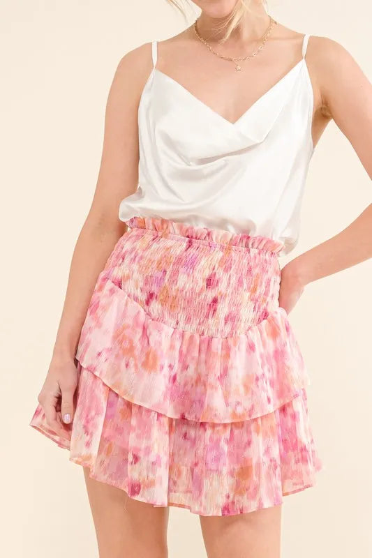 Mauve-red tiered skort with printed lurex fabric, smocked waist, and a stylish, flowing design from Trendsi.