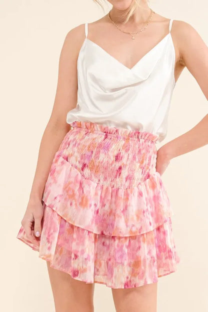 Mauve-red tiered skort with printed lurex fabric, smocked waist, and a stylish, flowing design from Trendsi.