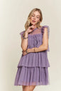Mauve layered ruffled cap sleeve mesh dress by Trendsi, featuring a flowy silhouette and delicate ruffle details