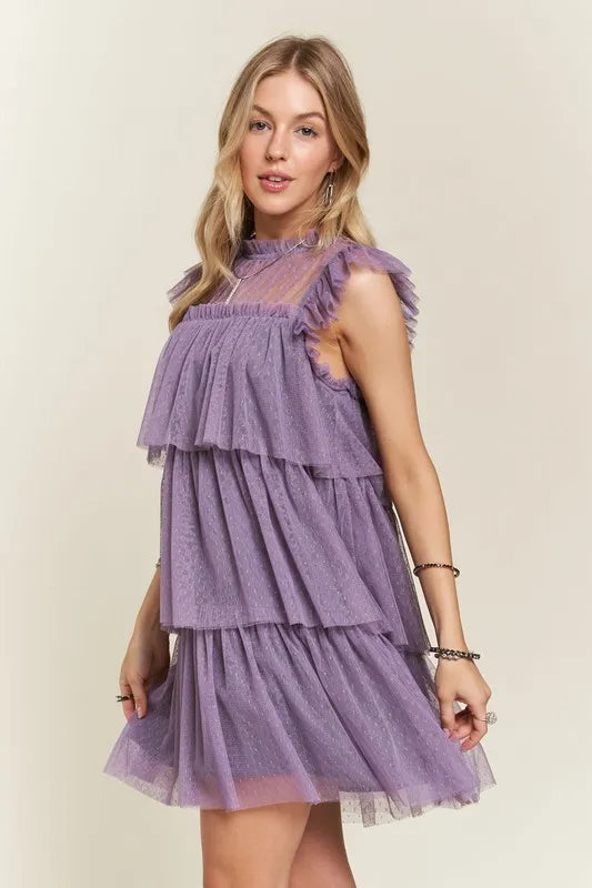 Mauve ADORA layered ruffled cap sleeve mesh dress by Trendsi, featuring a flowy, feminine design with ruffles and sheer mesh fabric.
