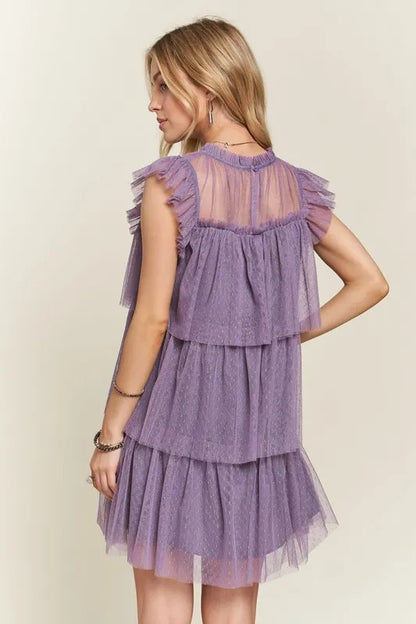 Mauve ADORA layered ruffled cap sleeve mesh dress by Trendsi, featuring delicate ruffles and sheer fabric for a stylish look.