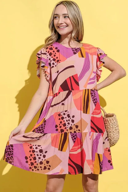 Mauve printed double ruffle sleeve dress by Trendsi, featuring flowy fabric and stylish ruffle details on the sleeves.