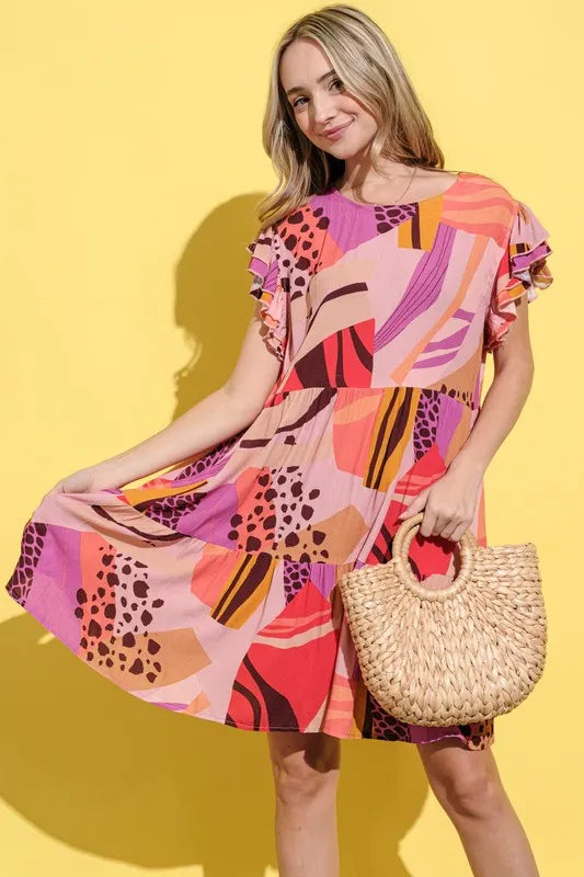 Mauve printed double ruffles sleeve dress by Trendsi, featuring feminine ruffle details and a stylish, flowy silhouette.