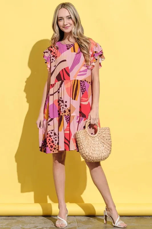 Mauve printed double ruffle sleeve dress by Trendsi, featuring a feminine silhouette and stylish ruffle details.