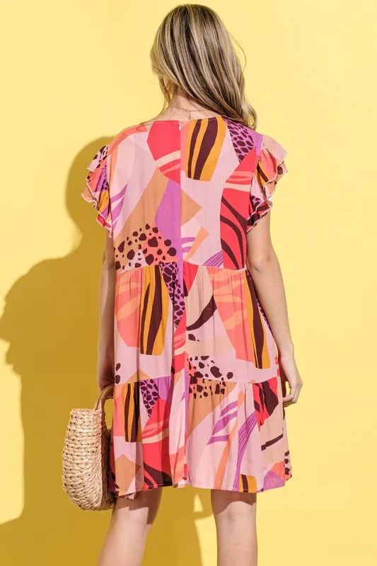 Mauve printed double ruffle sleeve dress by Trendsi, featuring a stylish design with layered ruffles and feminine silhouette.