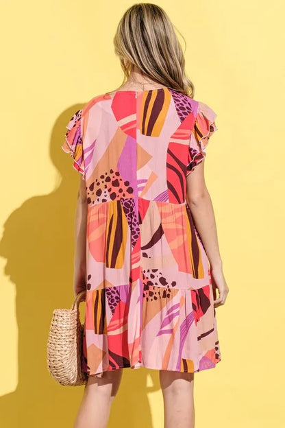 Mauve printed double ruffle sleeve dress by Trendsi, featuring a stylish design with layered ruffles and feminine silhouette.