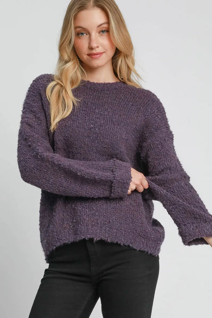 Plus size mauve Umgee boucle sweater with round neck and long sleeves, featuring a cozy textured knit, by Trendsi.