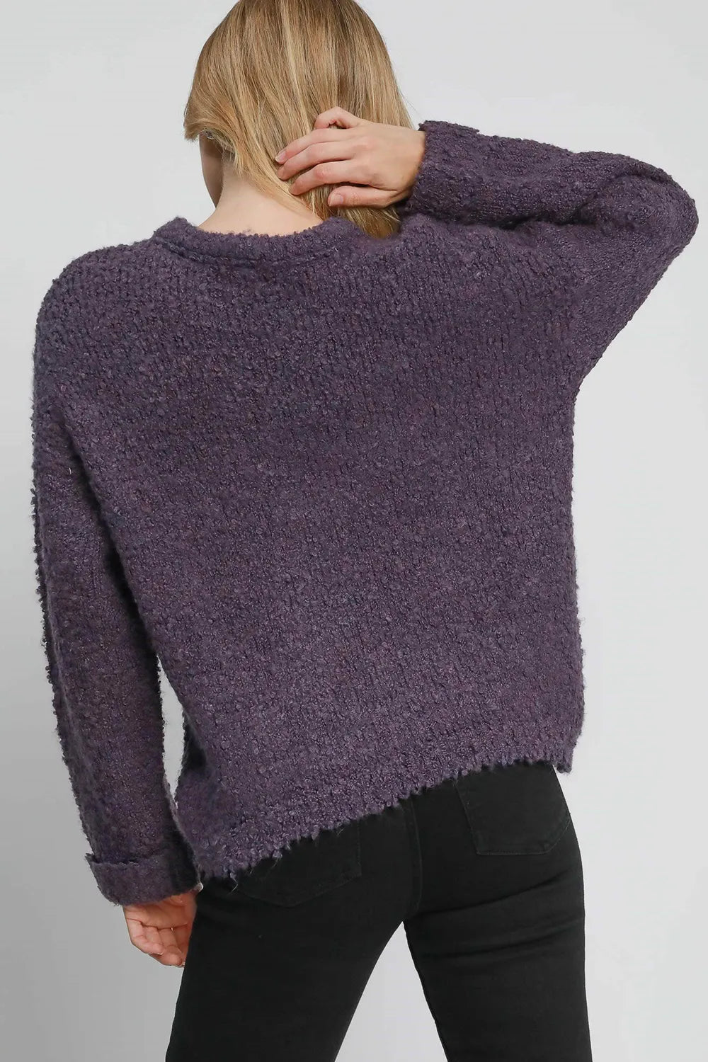 Mauve plus size Umgee boucle sweater with round neck and long sleeves, casual and cozy knit top for women.