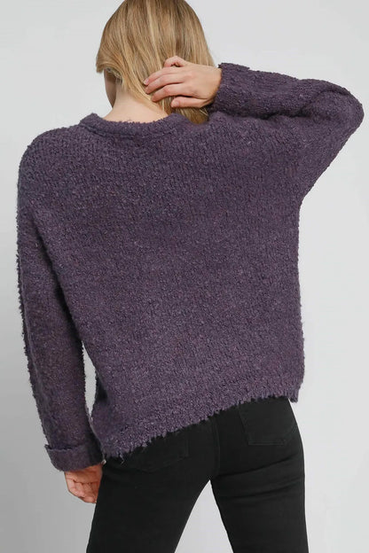 Mauve plus size Umgee boucle sweater with round neck and long sleeves, casual and cozy knit top for women.