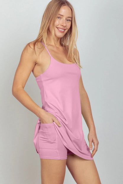 Mauve sleeveless tennis dress with built-in unitard liner from VERY J by Trendsi, designed for active sportswear.