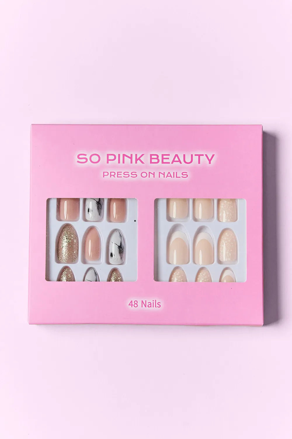 Two packs of SO PINK BEAUTY press-on nails by Trendsi, showcasing glossy, pink, one-size artificial nails for easy application.