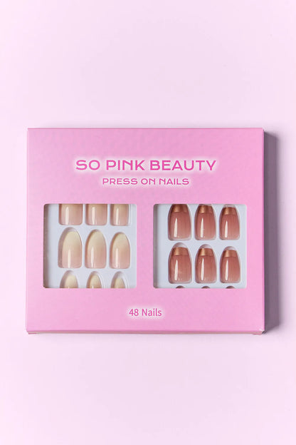 Two packs of SO PINK BEAUTY press-on nails by Trendsi, showcasing pink and natural nail designs, ready for easy application.