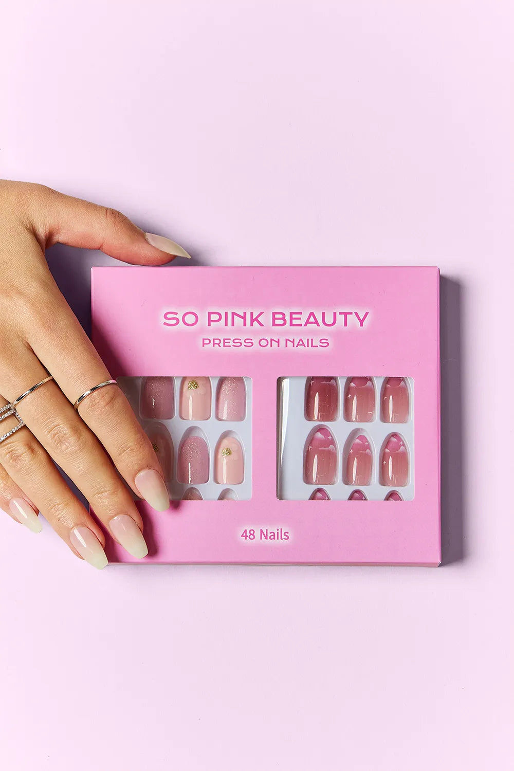 Trendsi SO PINK BEAUTY press-on nails in two packs, showcasing glossy pink, customizable, short-length artificial nail sets.