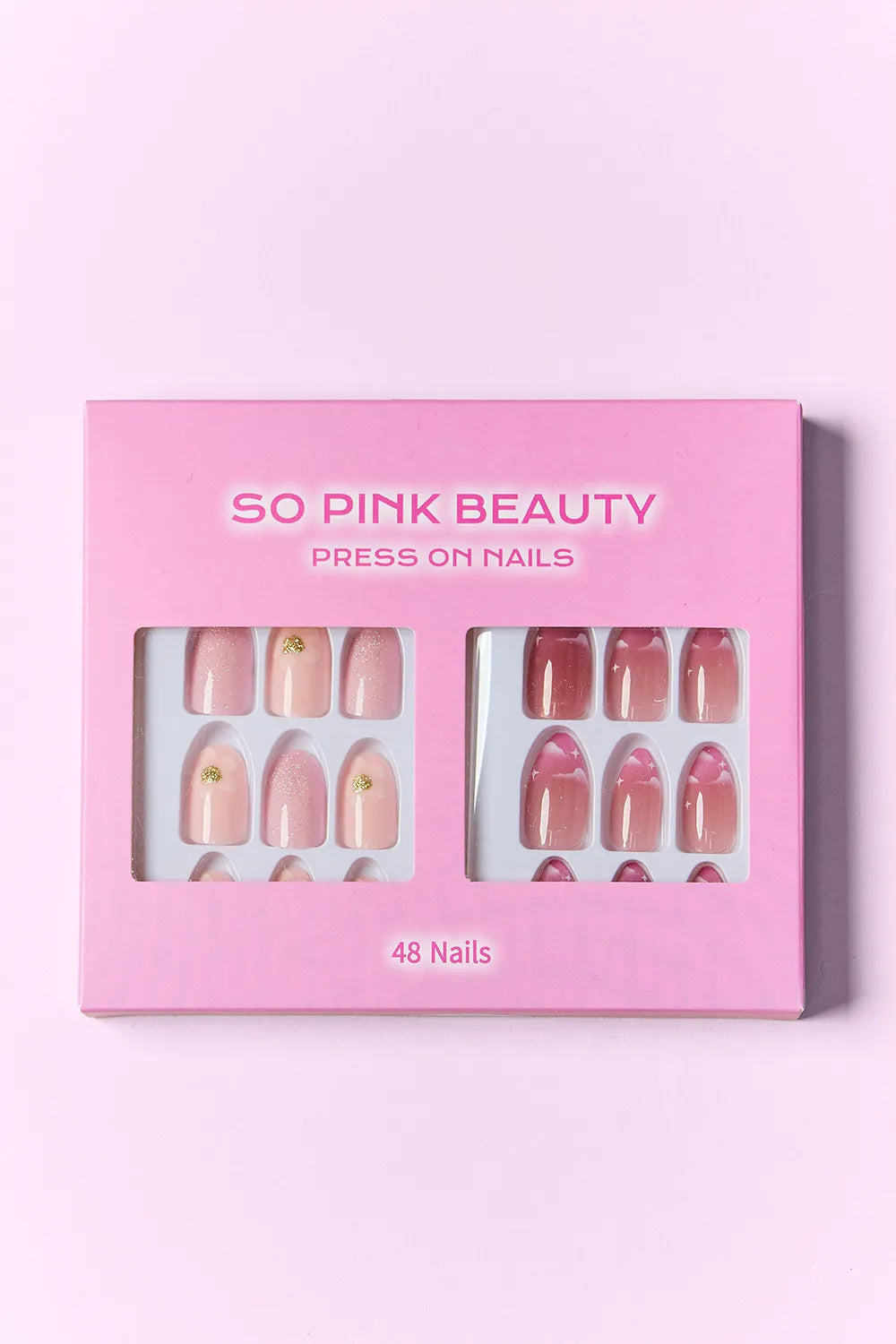 Trendsi SO PINK BEAUTY press-on nails in two packs, showcasing glossy pink nail tips and natural-looking design.