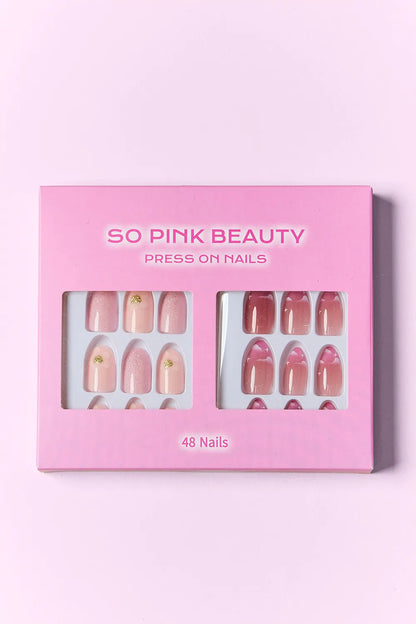 Trendsi SO PINK BEAUTY press-on nails in two packs, showcasing glossy pink nail tips and natural-looking design.