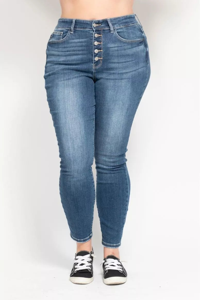 Full view of Judy Blue plus size high-rise skinny jeans with button fly, showcasing the denim's fit and style.