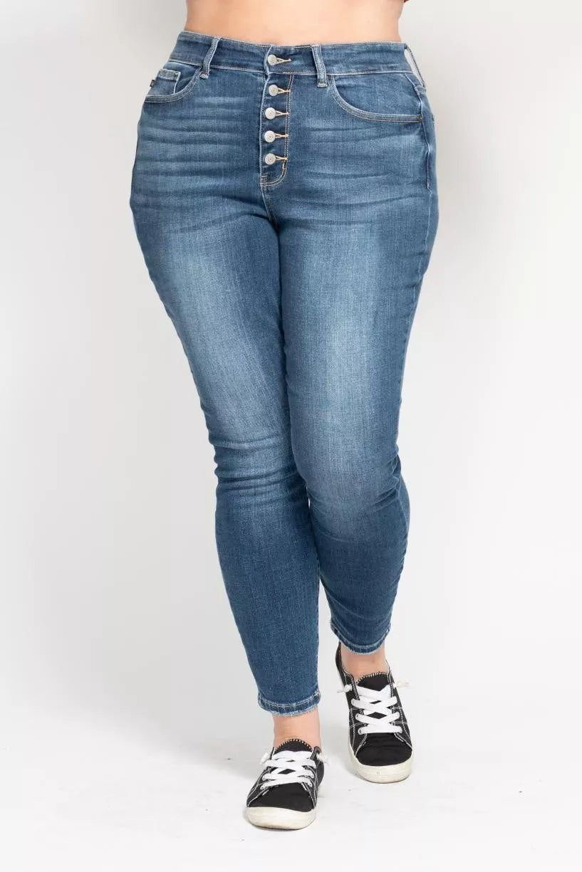 Plus size Judy Blue high-rise skinny jeans with button fly, full-length denim pants in a stylish, fitted silhouette.