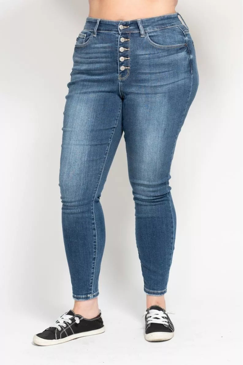 Plus size Judy Blue high-rise button fly skinny jeans, full length denim with a fitted silhouette and classic styling.