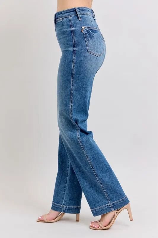 Plus size Judy Blue high waist straight jeans with contrast thread detailing, showcasing a full-length view of the trendy denim.