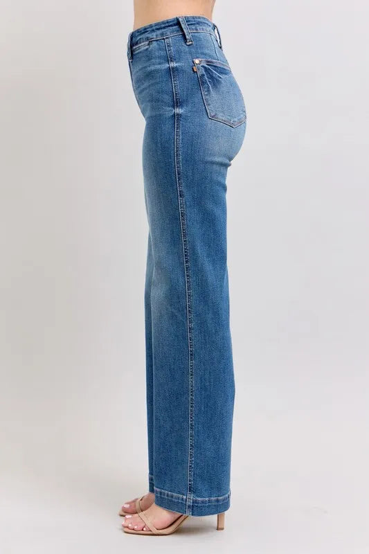 Plus size Judy Blue high waist straight jeans with contrast thread detail, showcasing the full-length fit and stylish design.