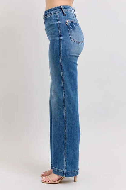 Plus size Judy Blue high waist straight jeans with contrast thread detail, showcasing the full-length fit and stylish design.