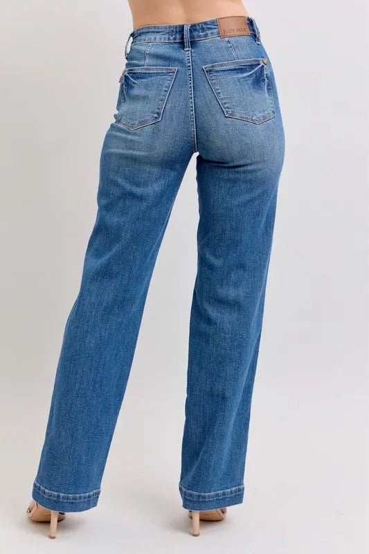 Full-size Judy Blue high waist straight jeans with contrast thread detail, showcasing the stylish fit and design.