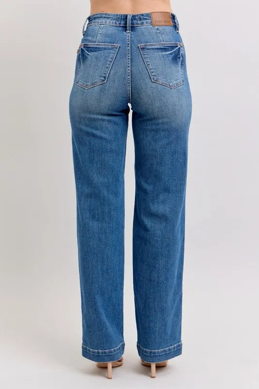 Plus size Judy Blue high waist straight jeans with contrast thread detail, showcasing full-length fit and classic denim style.
