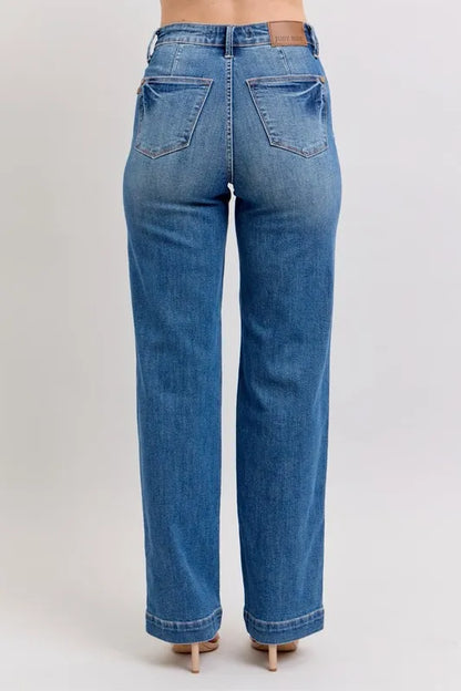 Plus size Judy Blue high waist straight jeans with contrast thread detail, showcasing full-length fit and classic denim style.
