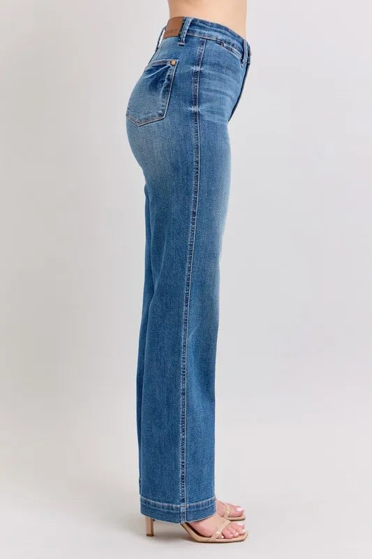 Full size Judy Blue high waist straight jeans with contrast thread and plus size fit, showcasing the stylish denim design.