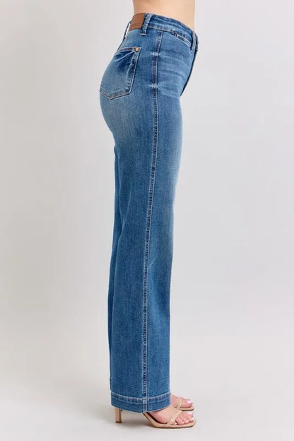 Full size Judy Blue high waist straight jeans with contrast thread and plus size fit, showcasing the stylish denim design.