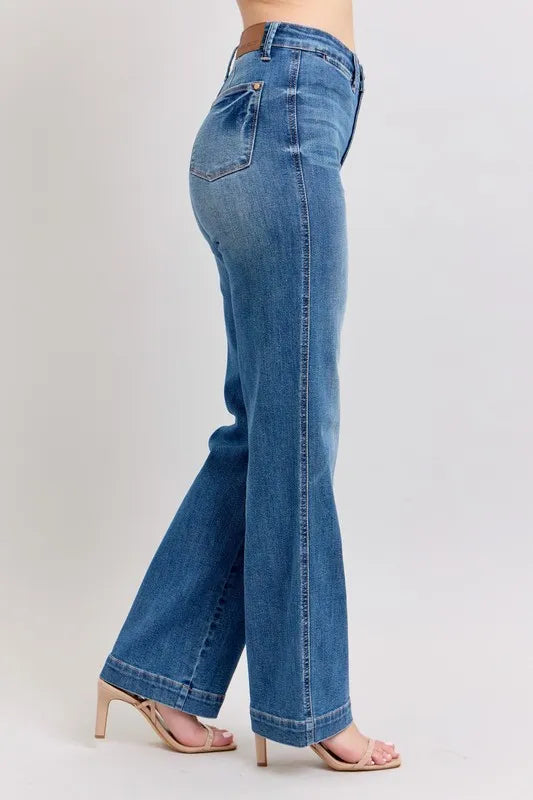 Plus size Judy Blue high waist straight jeans with contrast thread, showcasing full size fit and stylish denim details.