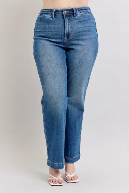 High waist Judy Blue plus size straight jeans with contrast thread detailing and full size fit, showcasing the stylish denim design.