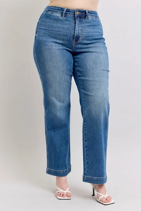 Full size Judy Blue high waist straight jeans with contrast thread details and plus size fit, showcasing a stylish denim look.