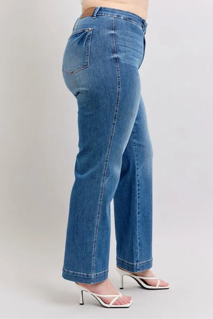 Full-size Judy Blue high waist straight jeans with contrast thread detailing, showcasing their fit and stylish design.