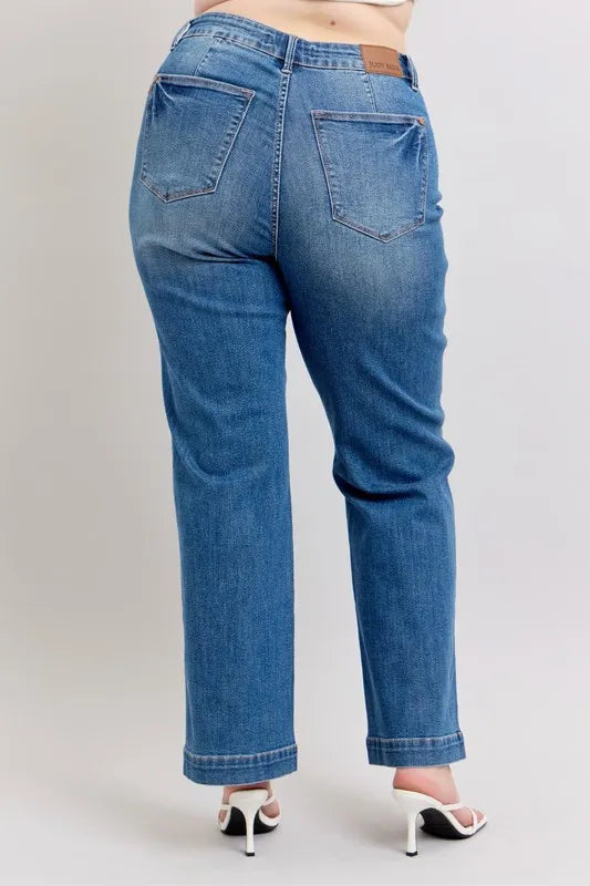 Full-size Judy Blue high waist straight jeans with contrast thread details, showcasing a stylish plus-size denim fit.